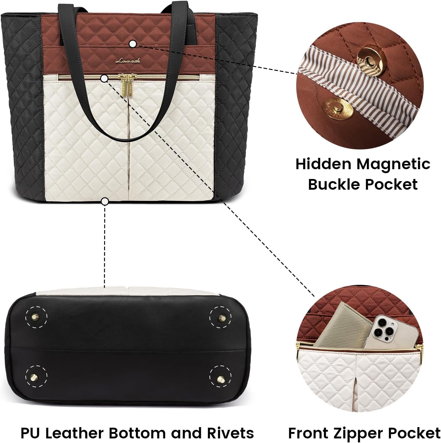 LOVEVOOK Laptop Bag for Women 15.6 inch,Diamond Quilted Work Tote Bags Womens Computer Shoulder Bags,Stylish Travel Tote Bags Laptop Purse Briefcase Handbag with Clutch Purse,Brown-Black-White