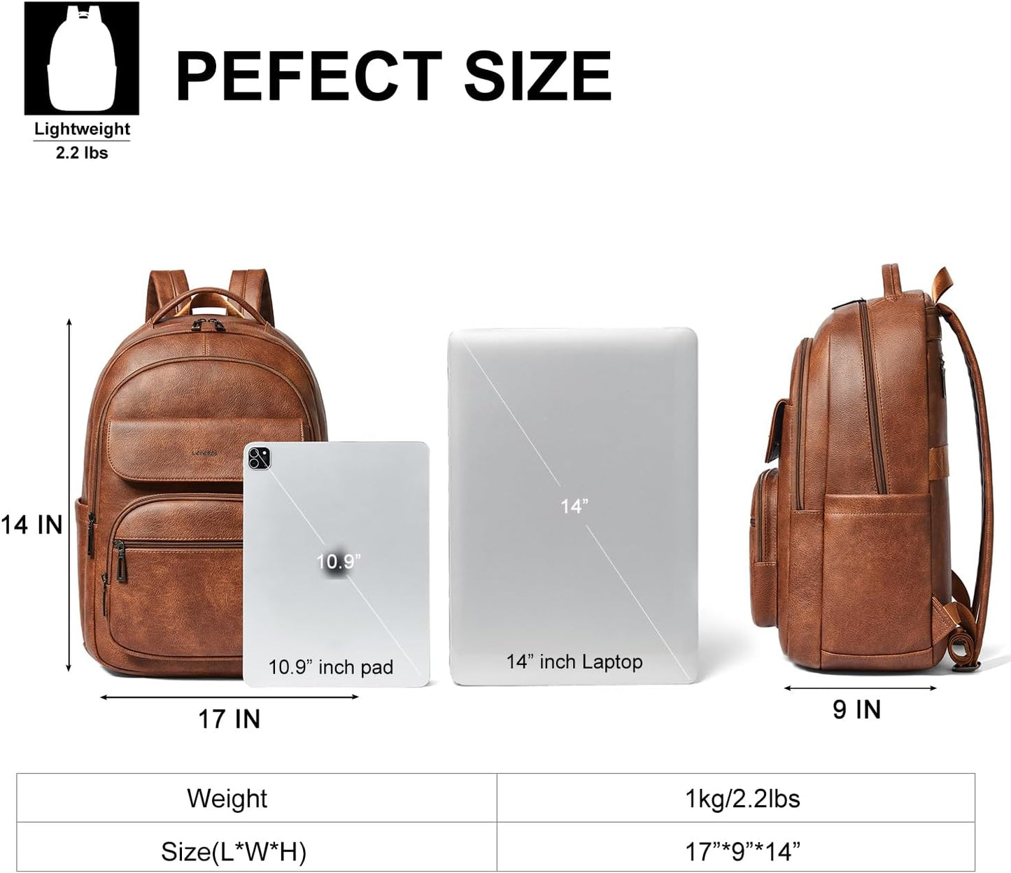 37L Backpack Purse for Women Men for Work Travel BackPack Vegan Leather Laptop College Daypack Shoulder Bag Brown