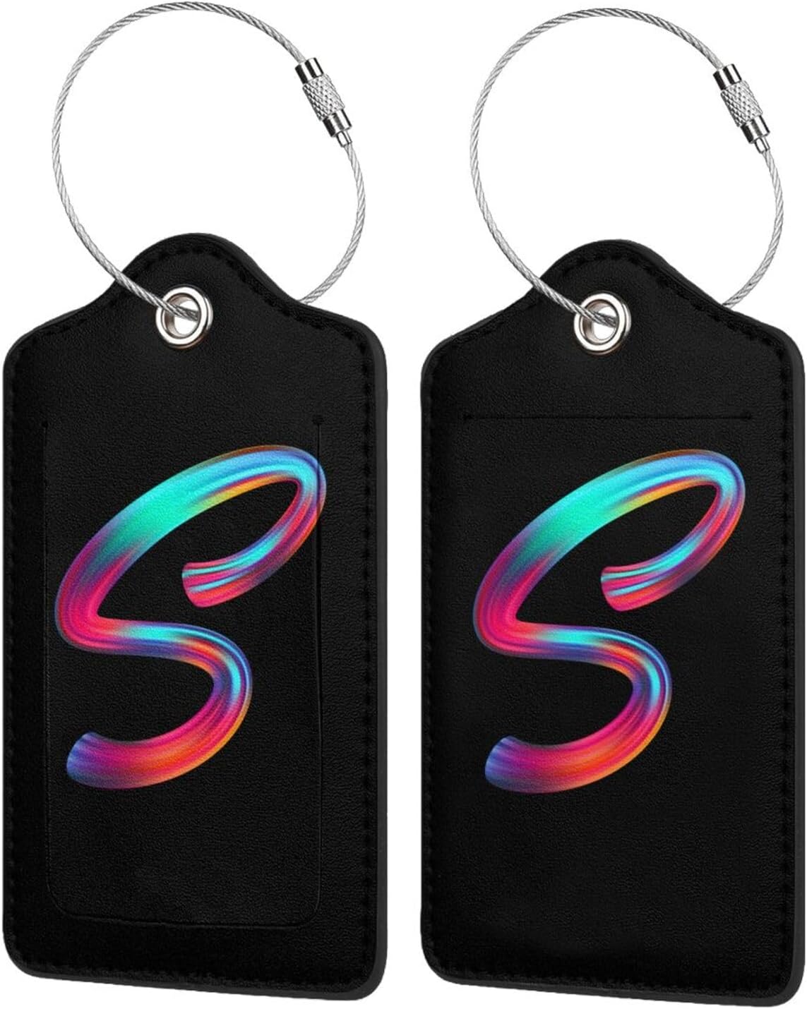 2 Pack Initial Luggage Tags for Suitcase, Colorful Letter Design Cruise Name Bag Tags, Novelty Baggage Identifiers with Full Privacy Cover, Leather ID Label for Women Men Kids Travel, Rainbow Letter S