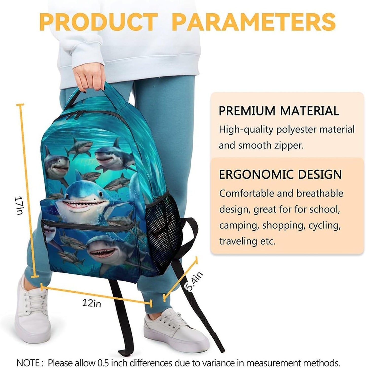 Shark Backpacks for Boys, Large Capacity Backpack for School, Cute Blue Lightweight Bookbag for Kids