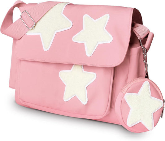 Y2K Messenger Bag for Women, Lightweight Spacious Stars Tote Purse with Cute Coin Purse, Crossbody Shoulder Bag