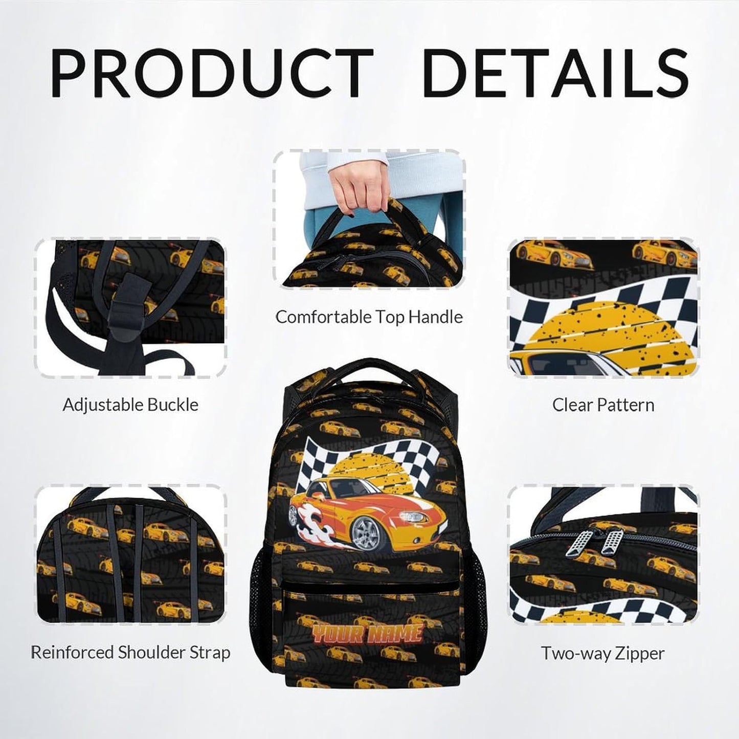 School Backpack for Boys - Personalized 3 in 1 Cool Racing Car Bookbag for Teens Kids - 17 Inch Custom Backpacks with Lunch Bag and Pencil