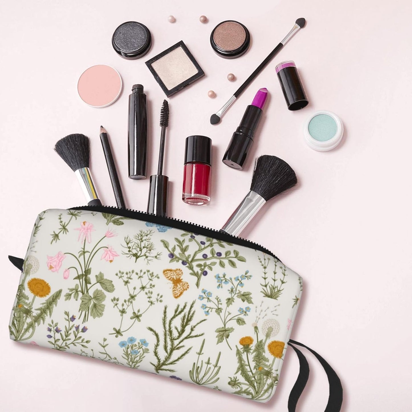 Vintage Herbs Wild Flowers Makeup Bag Small Compact & Durable Travel Organizer Oxford Fabric