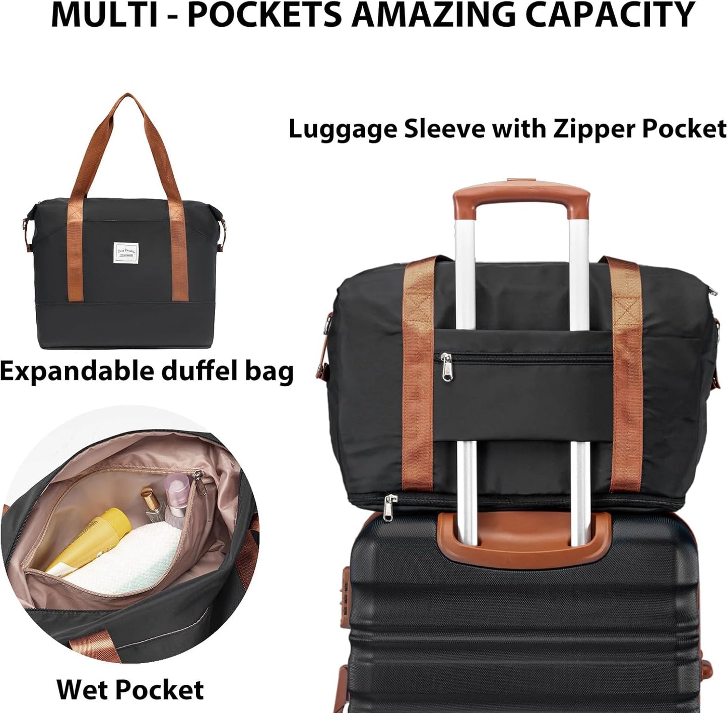 LONG VACATION 6 Piece Luggage Set Carry on Suitcase with ABS+PC hardshell, Spinner Wheels & YKK Zipper TSA Lock (BLACK-BROWN, 6 piece set)