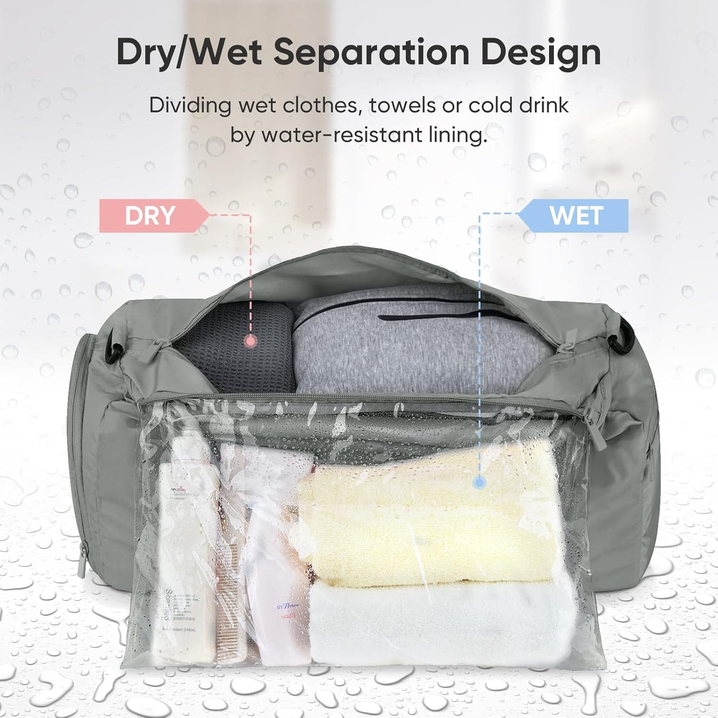 BALEINE Gym Bag for Women and Men, Duffel Bag for Sports, Gyms and Weekend Getaway, Waterproof Dufflebag with Shoe and Wet Clothes Compartments, Lightweight Carryon Gymbag (Silver)