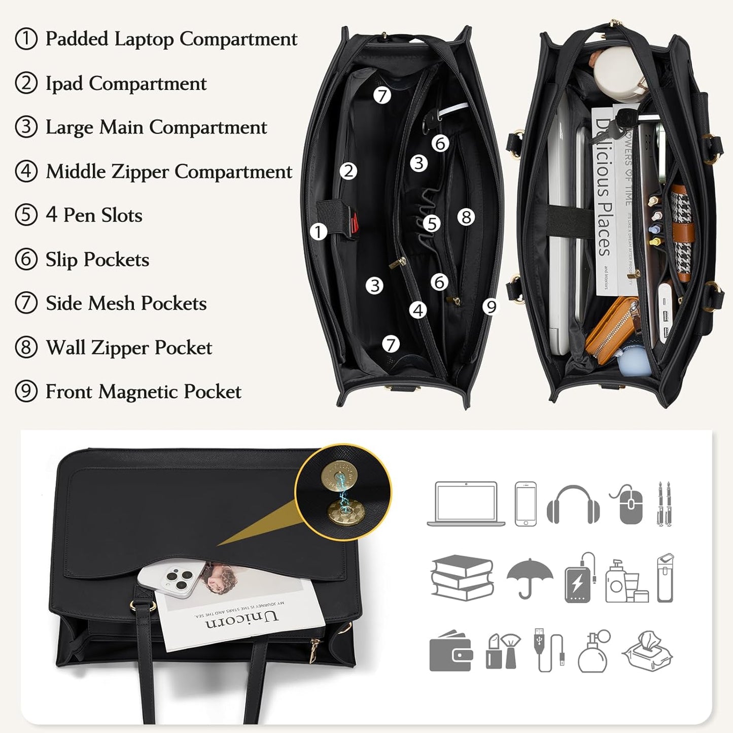 RAINSMORE Laptop Bag for Women 15.6 Inch Work Tote Bags Leather Laptop Tote Waterproof Computer Bag Professional Office Business Briefcase Large Handbag for College Teacher Travel, Black