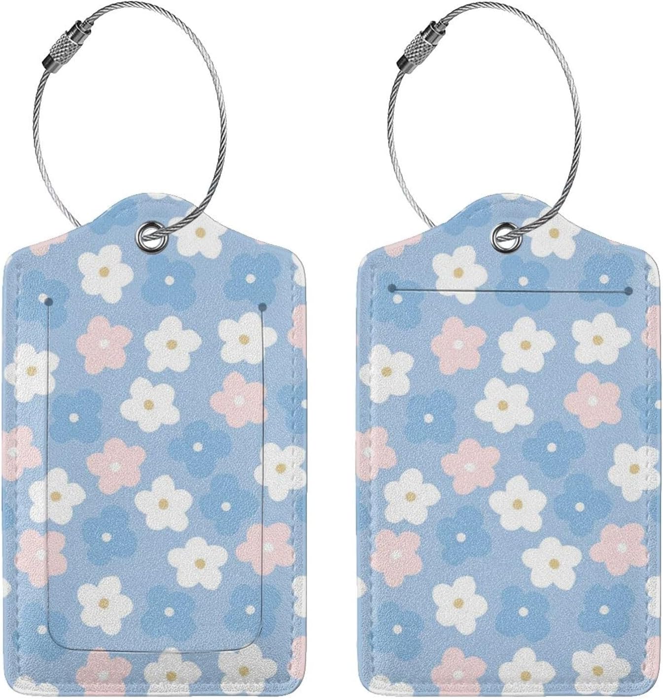 2 Pack Luggage Tag for Suitcase, Cute Leather Suitcase Tags Identifiers with Privacy Name Address Labels Durable Steel Loop for Women Men Girl Travel (Cute Flowers)