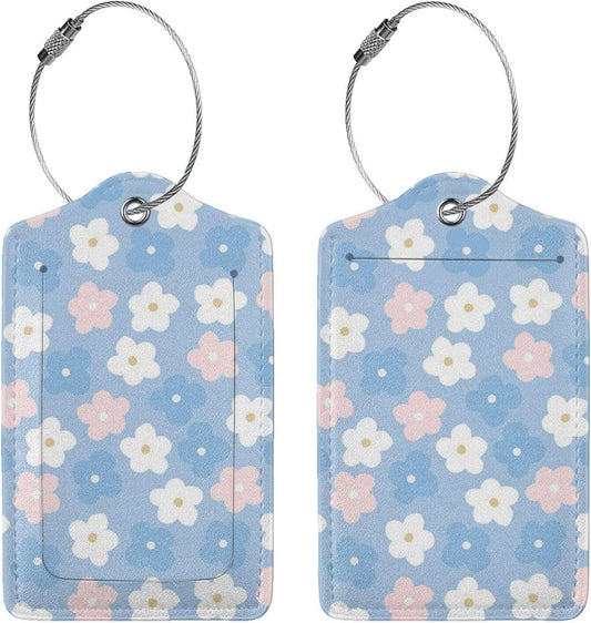 2 Pack Luggage Tag for Suitcase, Cute Leather Suitcase Tags Identifiers with Privacy Name Address Labels Durable Steel Loop for Women Men Girl Travel (Cute Flowers)