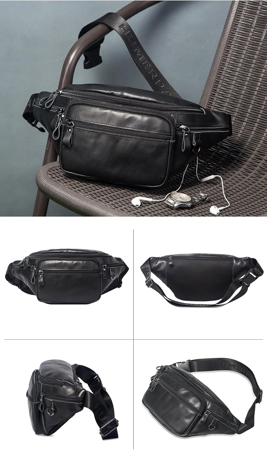 Genuine Leather Fanny Pack for Men Crossbody Chest Bag Outdoor Sports Waist Pack High Capacity Sling Bag (Black)