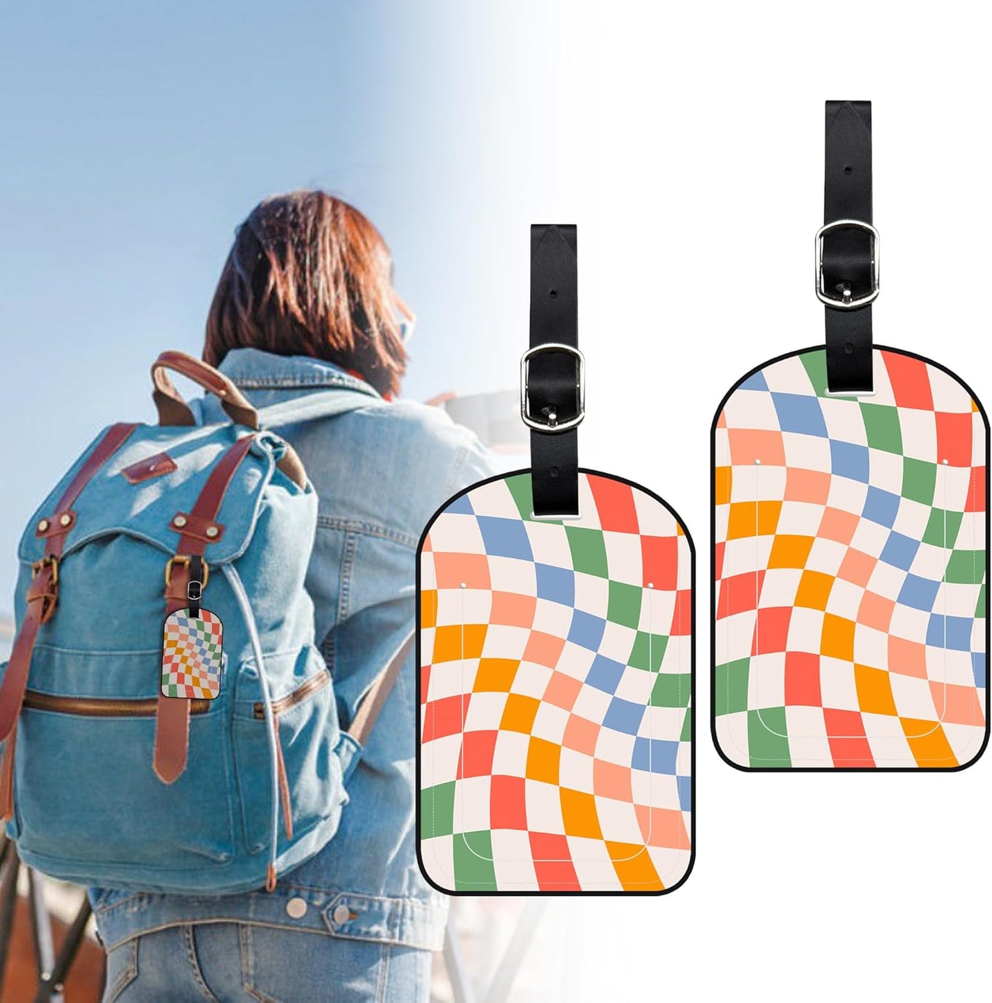 2 Pack Luggage Tags Retro Psychedelic Checkerboard PU Leather Baggage Handbag Suitcase Tags with Secure Strap Privacy Cover ID Labels,Business Travel Baggage Tag Identifier