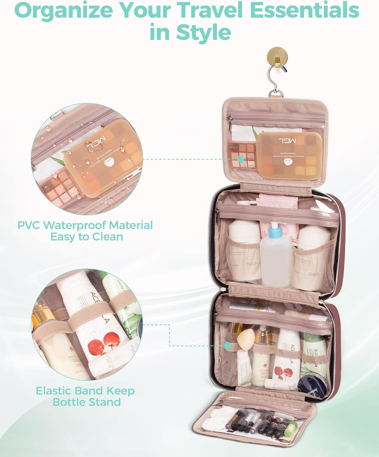 Travel Hanging Toiletry Bag for Women,Makeup Bag Cosmetic Organizer Waterproof with Hanging Hook Multiple Pockets for Women Travel Essentials Rosewood