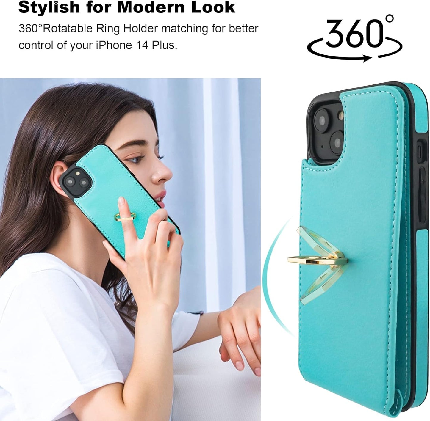 Folosu Compatible with iPhone 14 Plus Case Wallet with Card Holder, 360°Rotation Finger Ring Holder Kickstand, RFID Blocking Leather Protective Double Buttons Shockproof Cover 6.7 Inch Green
