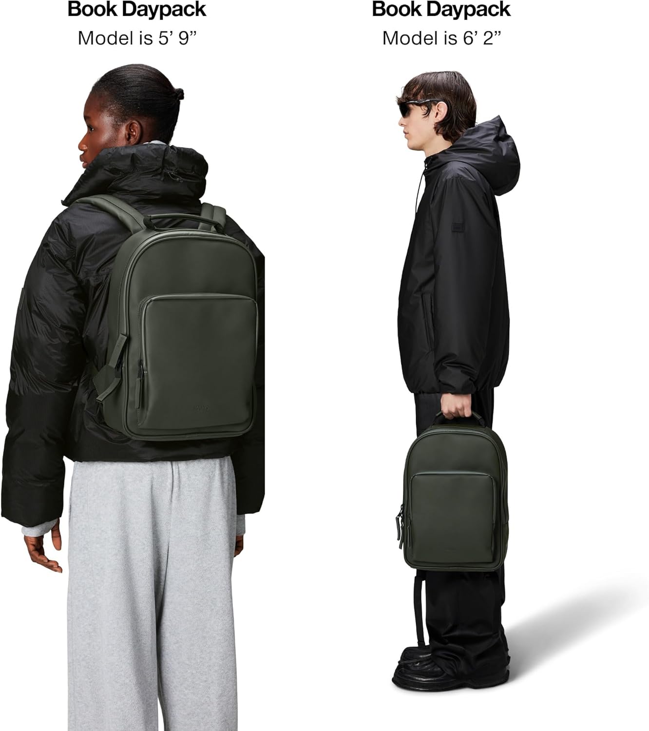 RAINS Book Daypack - Green Laptop Backpack for Men and Women, Waterproof Black Minimalist Commuter Bag with 15” Laptop Room, Front Zip Pocket - 2 Year Warranty