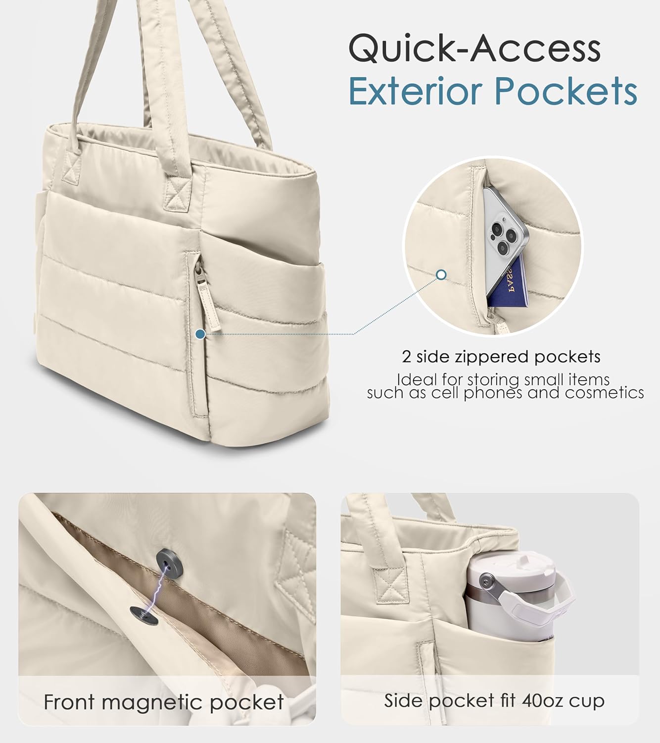 Tote Bag for Women with Zipper, Quilted Puffer Tote Bag with Compartments, Lightweight Puffy Work Bags for Women Travel