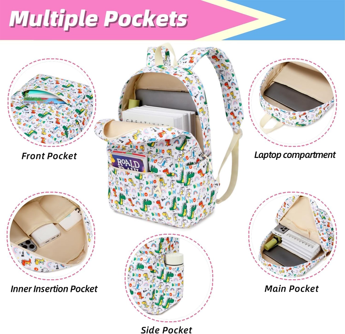 Backpack For Girls Elementary School Bookbag Durable Kid's Backpack Lightweight Travel Daypack (White)