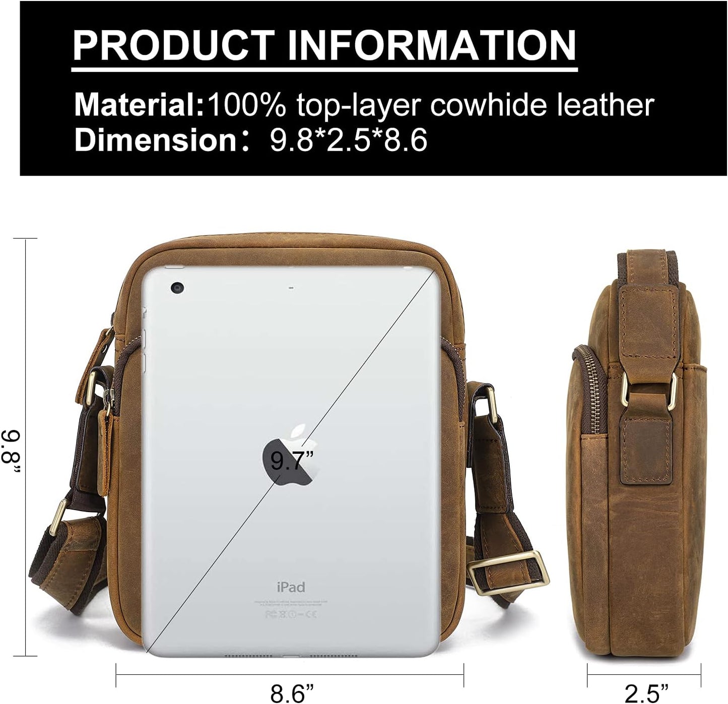 Augus Leather Messenger Crossbody Shoulder Bag for Men Work Business Casual Adjustable straps With YKK Metal Zipper