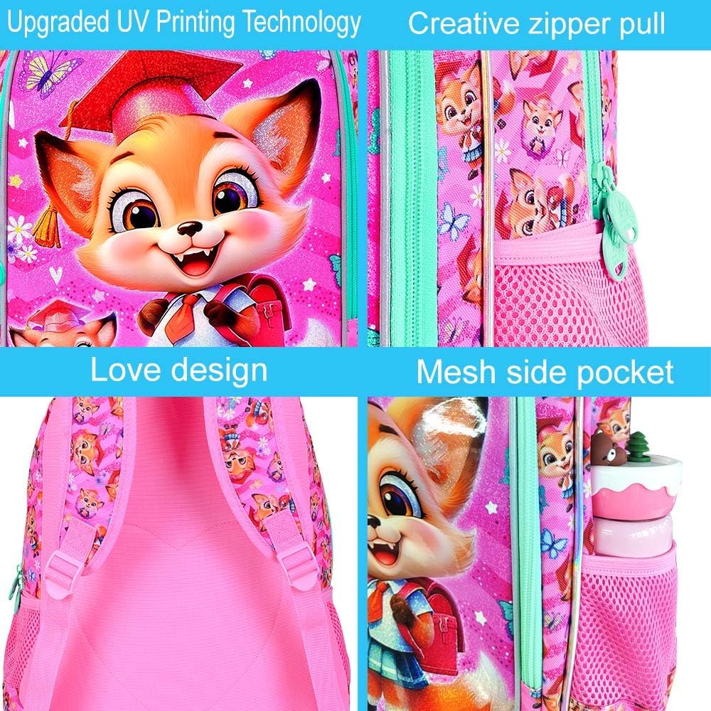3PCS Girls Fox Backpack, 16" Kids Bookbag with Lunch Box, Water Resistant Elementary Preschool Toddler School Bag - Pink Dr. Fox