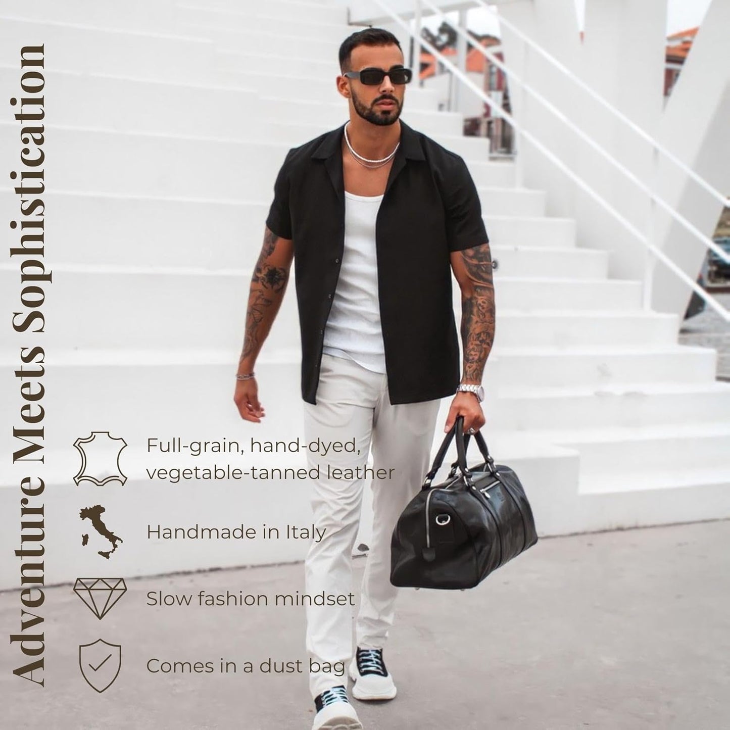 Full Grain Leather Small Duffel Bag Gym Bag Weekender Overnight Unisex Brown - Time Resistance