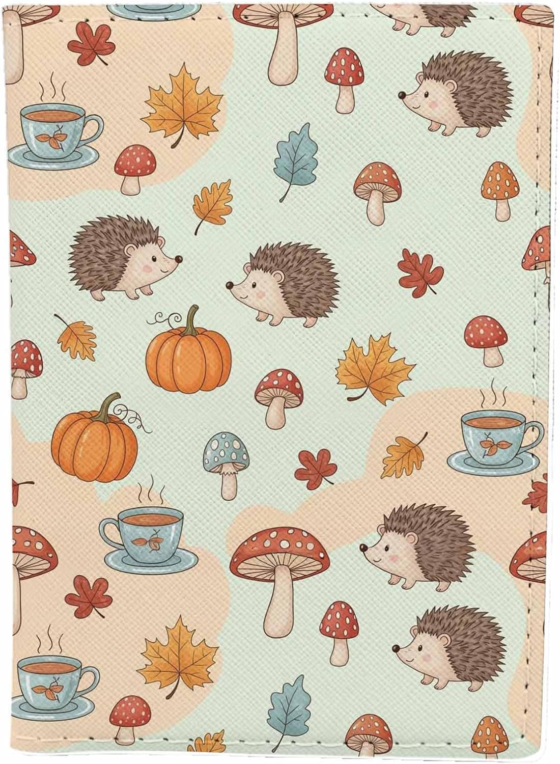 Hedgehogs Passport Holder for Travel Pumpkins Mushroom Maple Leaf Coffee PU Leather Passport Cover Wallet Cute Passport Card Holder for Women and Men
