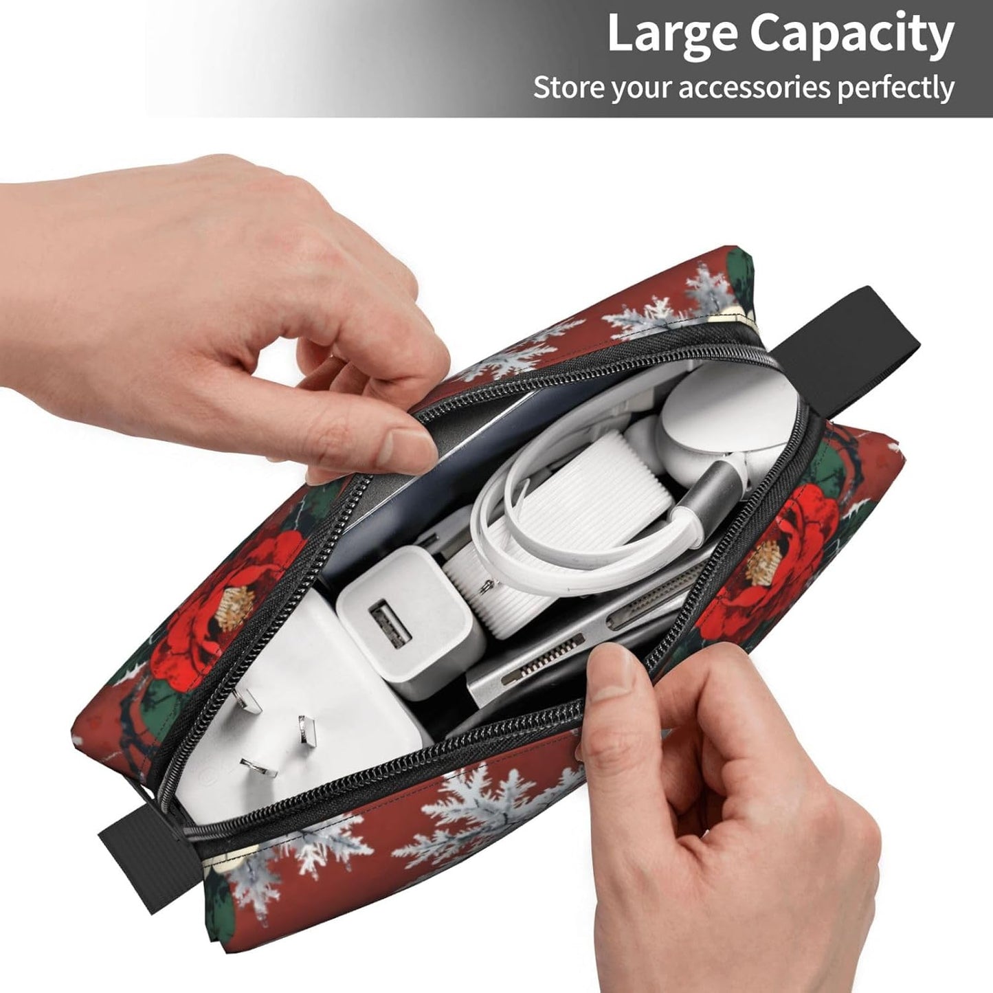 Burgundy Frosted Camellia Makeup Bag Organizer Compact & Durable Floral Travel Cosmetic Bag Oxford Fabric Impact-Resistant Multi-Purpose Storage Perfect for Travel, Gym, Daily Use
