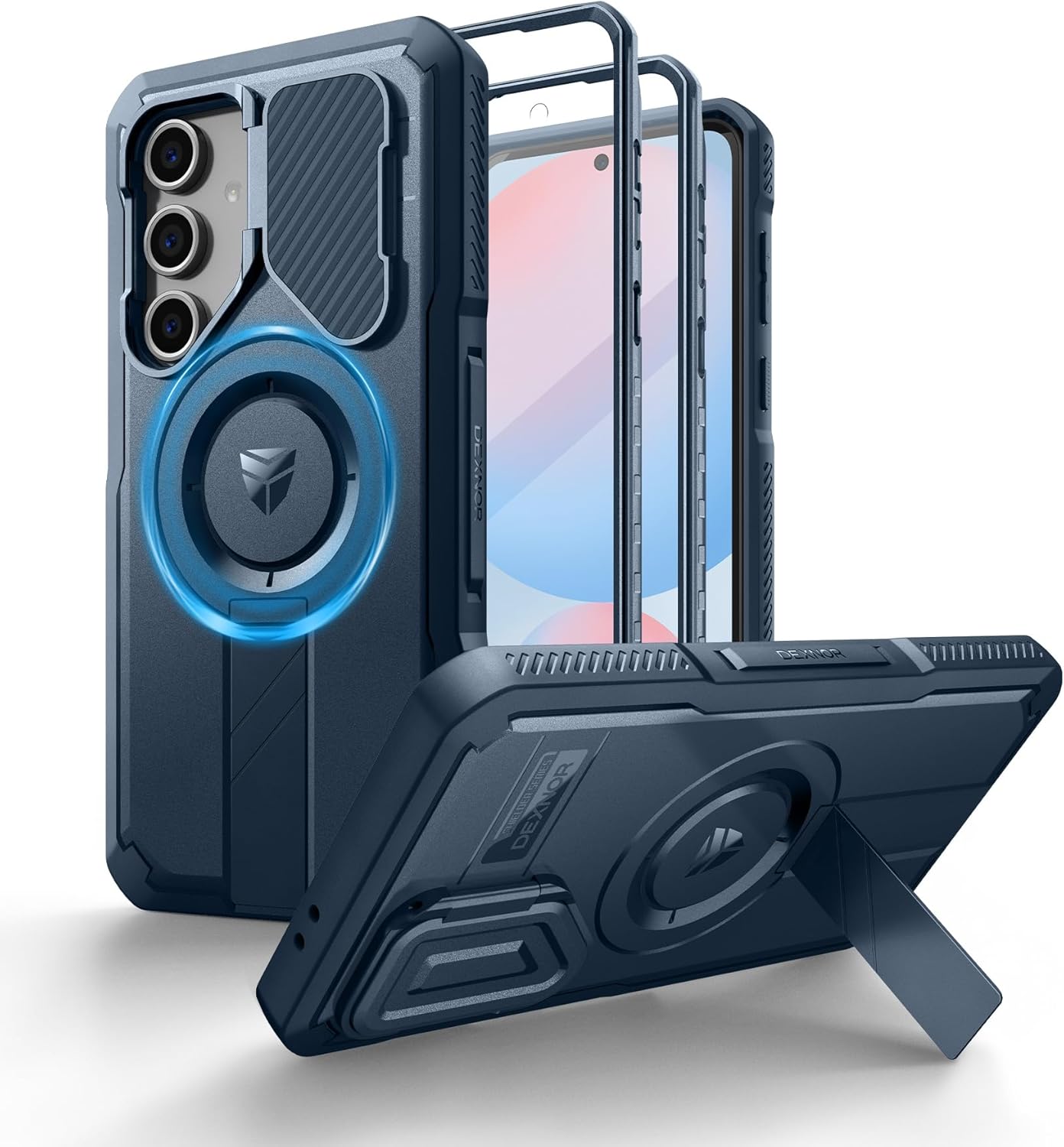 Dexnor for Samsung Galaxy S24 FE Case with Camera Cover & Adjustable Kickstand & Built-in Screen Protector, Magnetic Rugged Shockproof Bumper Cases Heavy-Duty Magnetic Protective Cover,Navy Blue