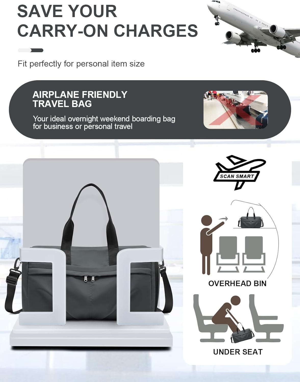Gym Bag for Women Men with Shoe Compartment, Sport Duffel Bag, Waterproof Travel Weekender Overnight Carry on Bag for Yoga with Trolley Sleeve, Grey