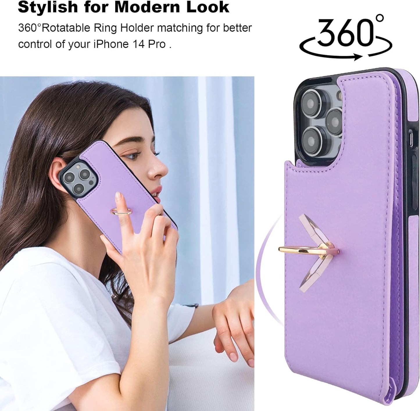 Folosu Compatible with iPhone 14 Pro Case Wallet with Card Holder, 360°Rotation Finger Ring Holder Kickstand, RFID Blocking Leather Protective Double Buttons Shockproof Cover 6.1 Inch Purple