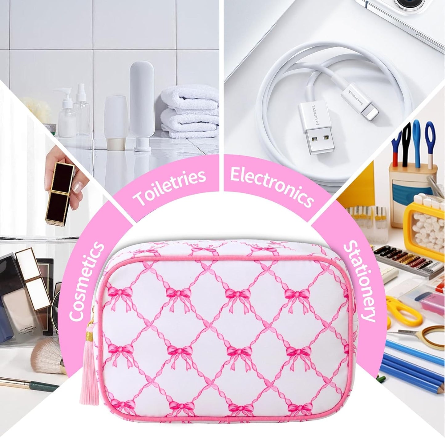 Stripe Makeup Bag Travel Cosmetic Bag Organizer Tassel Toiletry Bag Large Canvas Zipper Pouch and Accessories Storage Bag for Women