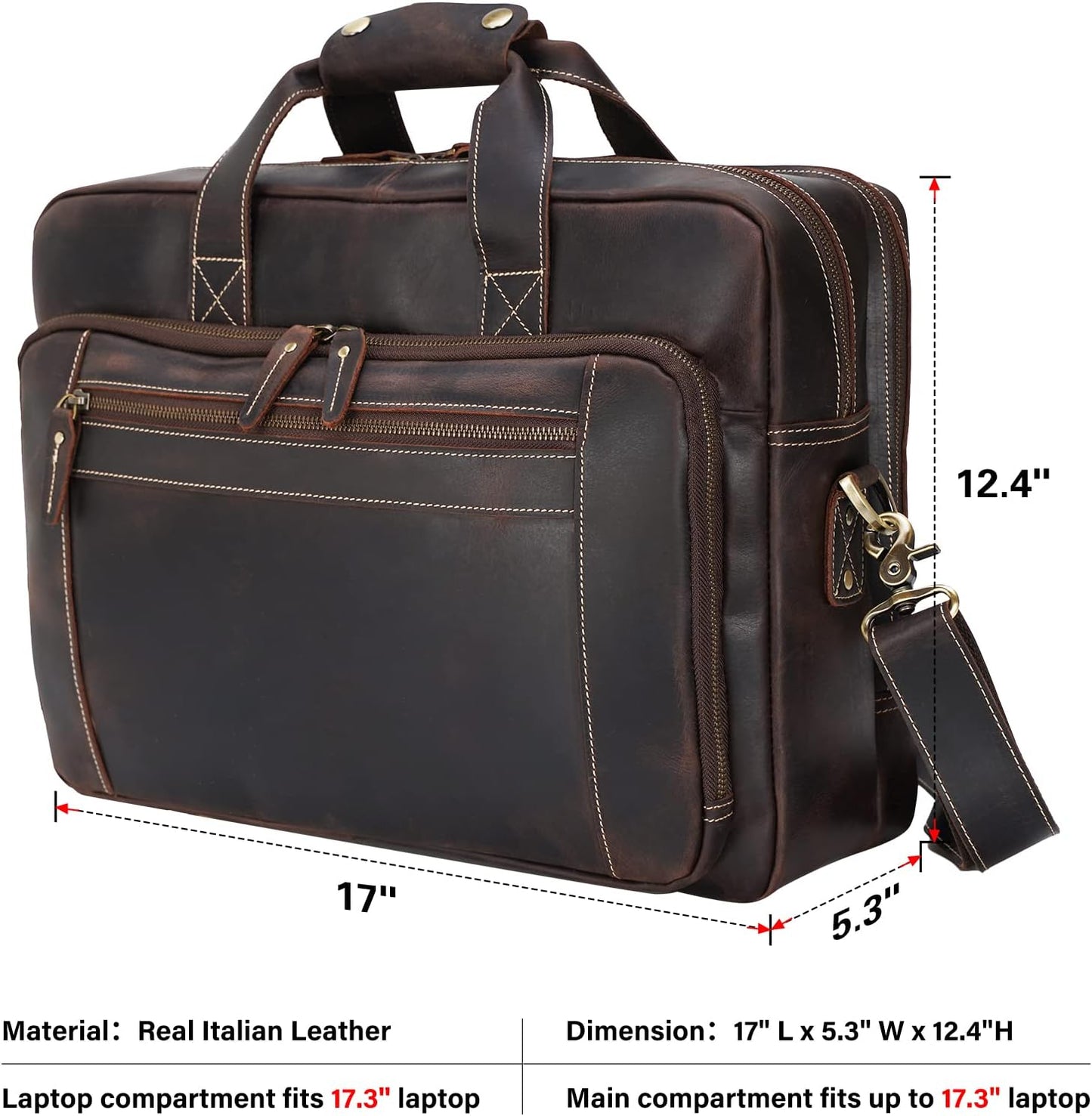 Men's Solid Thick Full Grain Leather 17.3" Laptop Briefcase Classic Messenger Bag Fit Business
