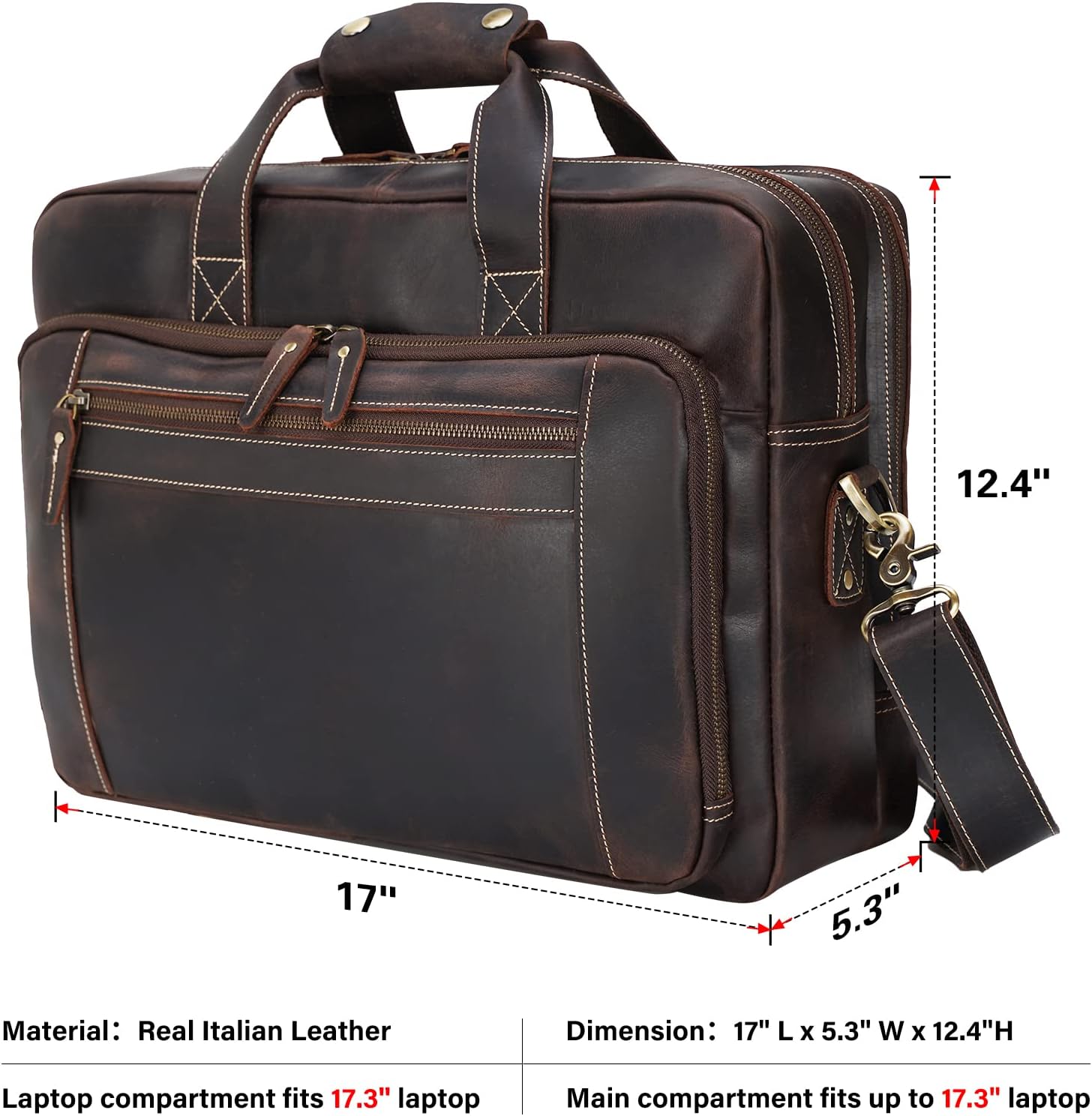 Men's Solid Thick Full Grain Leather 17.3" Laptop Briefcase Classic Messenger Bag Fit Business