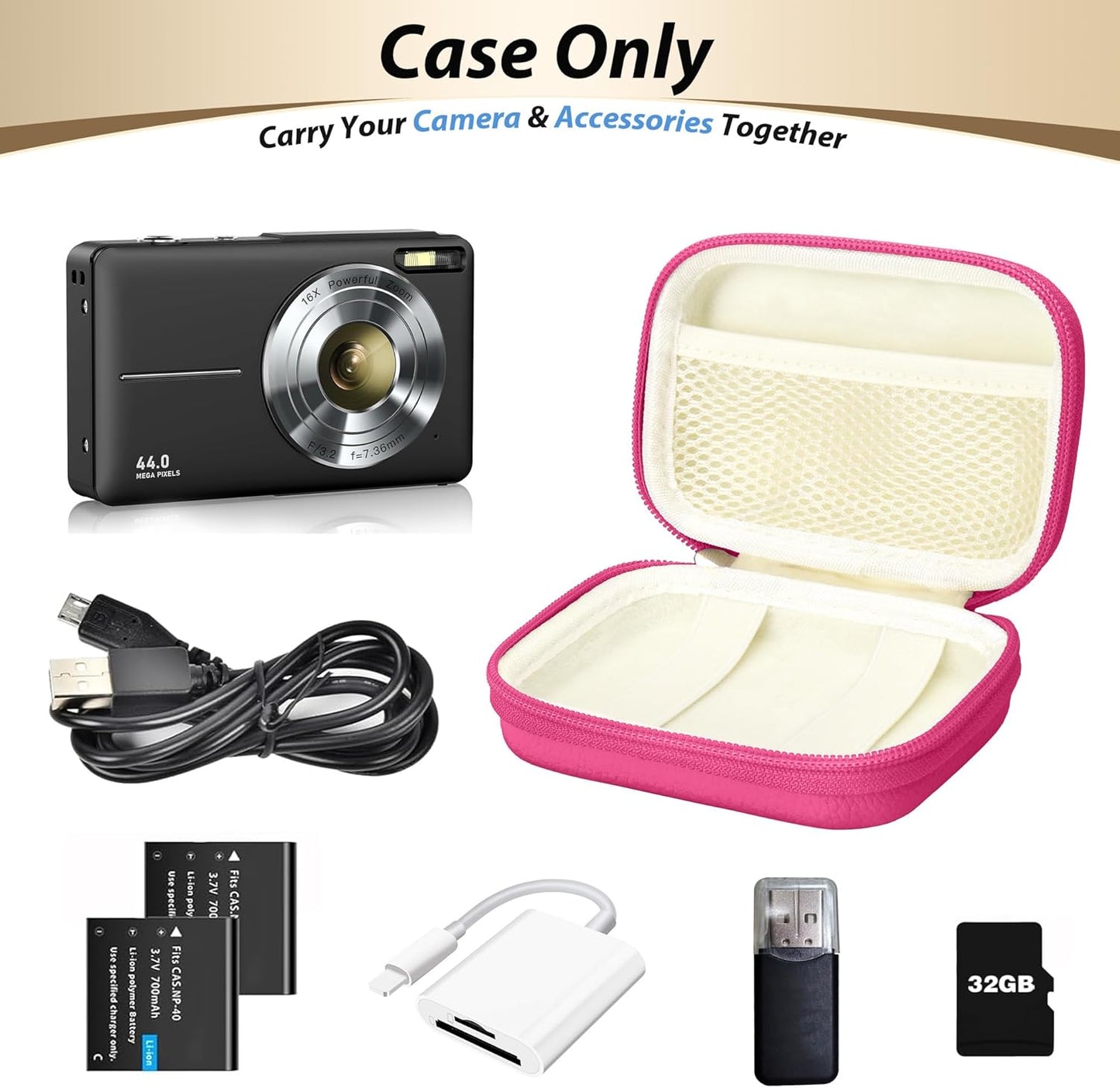 Digital Camera Case for CAMKORY, KODAK PIXPRO FZ45/FZ55, Canon IXUS 285 HS, Lecran, Small Travel Compact Camera Holder with Mesh Pocket for Accessories SD Card (Rose Pink)