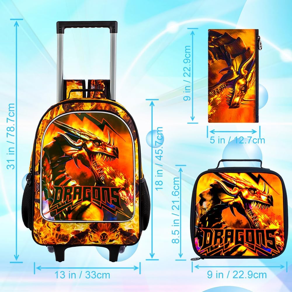 3PCS Rolling Backpack for Boys, Kids Roller Bookbag with Wheels, Dragon Wheeled School Backpack for Elementary Preschool Kindergarten(Orange)