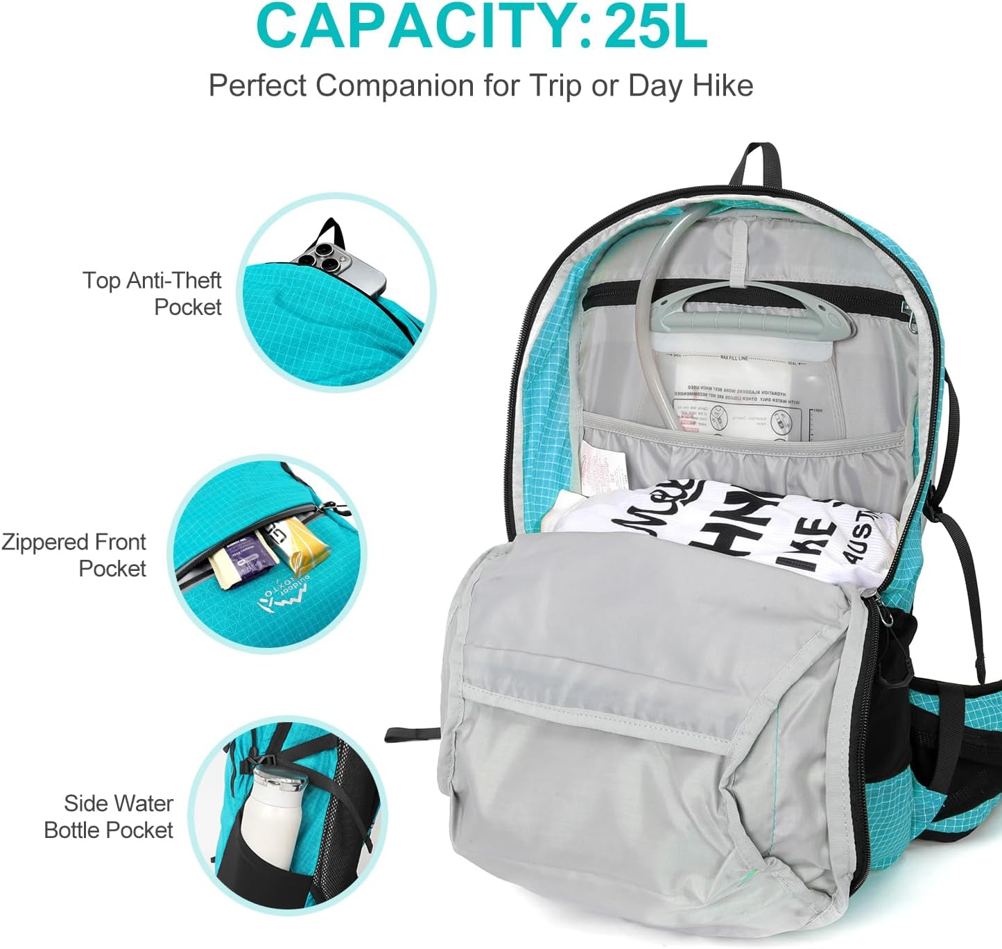 Hydration Backpack, 25L Hiking Backpack with 3L Water Bladder and Rain Cover, Hiking Water Backpack