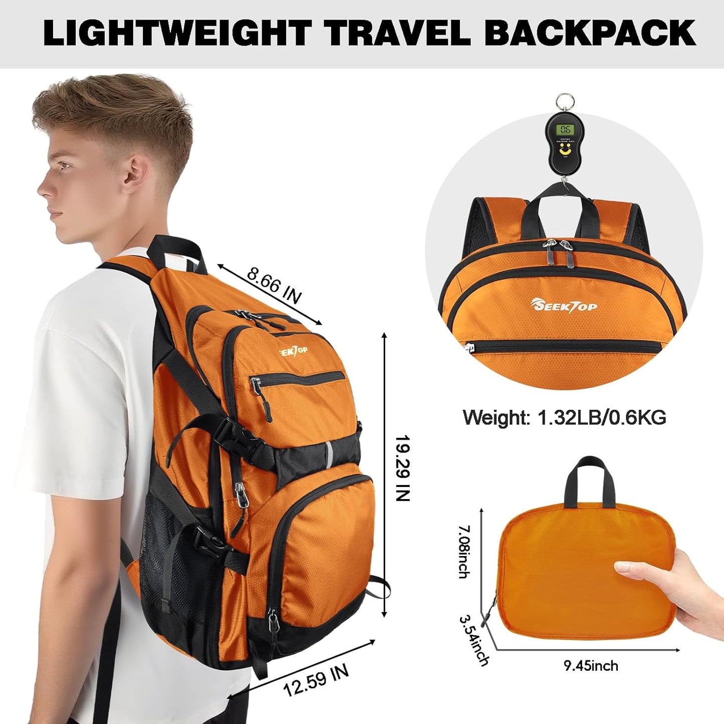Seektop 40L Foldable Hiking Backpack for Women Men Lightweight Packable Travel Backpack Carry on Flight Approved for Outdoor Camping Sport Leisure (Orange)