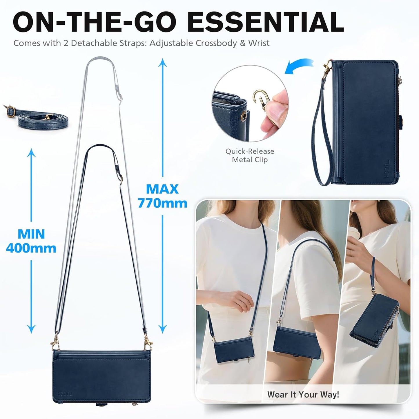 TUCCH Crossbody Detachable Wallet Case for iPhone Air 6.5" 2025, 9 Card Holders RFID Blocking, Wireless Charging, Stand, Wrist Strap, Lanyard, Zipper Pocket, PU Leather Shockproof Cover, Dark Blue