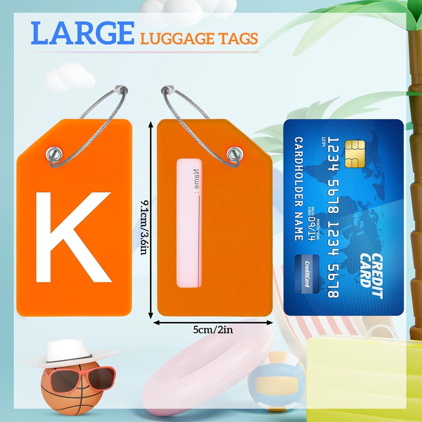8 Pcs Initial Letter A-Z Luggage Tags Silicone Suitcase Instrument Tag with Name Card and Stainless Steel Loop(Letter K,Orange)