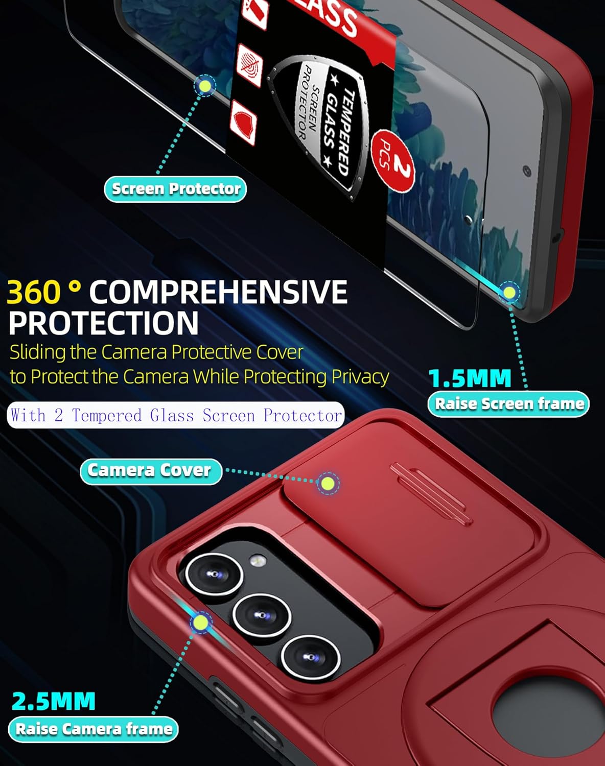 for Samsung Galaxy S20 FE Case Magnetic Compatible with MagSafe Wireless Charging,with 2 Screen Protectors,Built-in Stand Ring+Camera Cover Anti-Scratch Shockproof Heavy Duty Protection Red