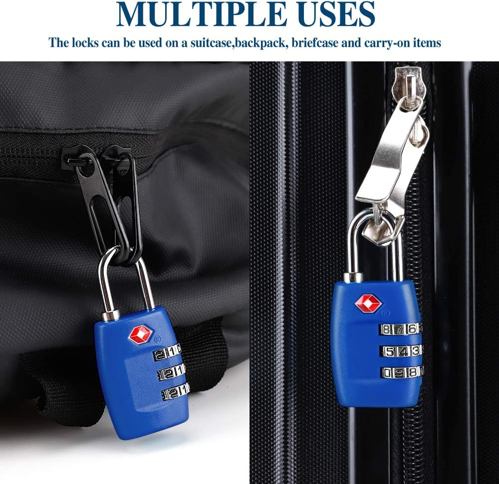 TSA Luggage Locks (4Pack) - 3 Digit Combination Padlocks - Approved Travel Lock for Suitcases & Baggage (Dark Blue)