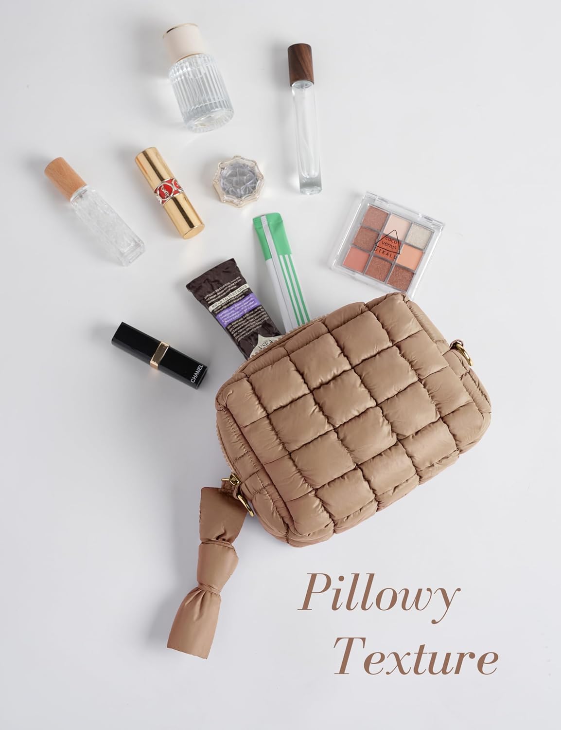 Yarnic Quilted Makeup Bag Puffy Cosmetic Bag, Travel Toiletry Bag for Women, Cute Makeup Bag Organizer Puffer Makeup Pouch (S, Caramel)