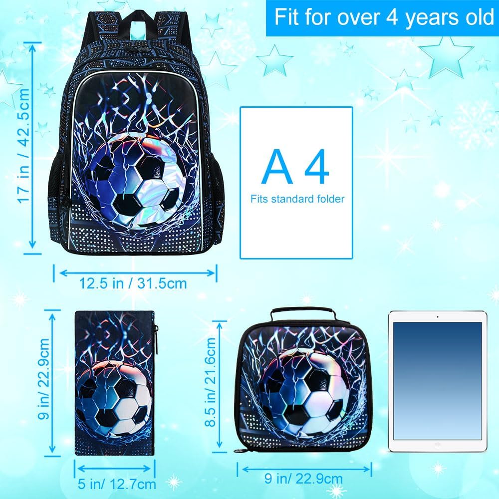 3PCS Kids Backpack for Boys, Water Resistant Soccer Bookbag Set with Lunch Box, Cute School Bag for Preschool Toddler