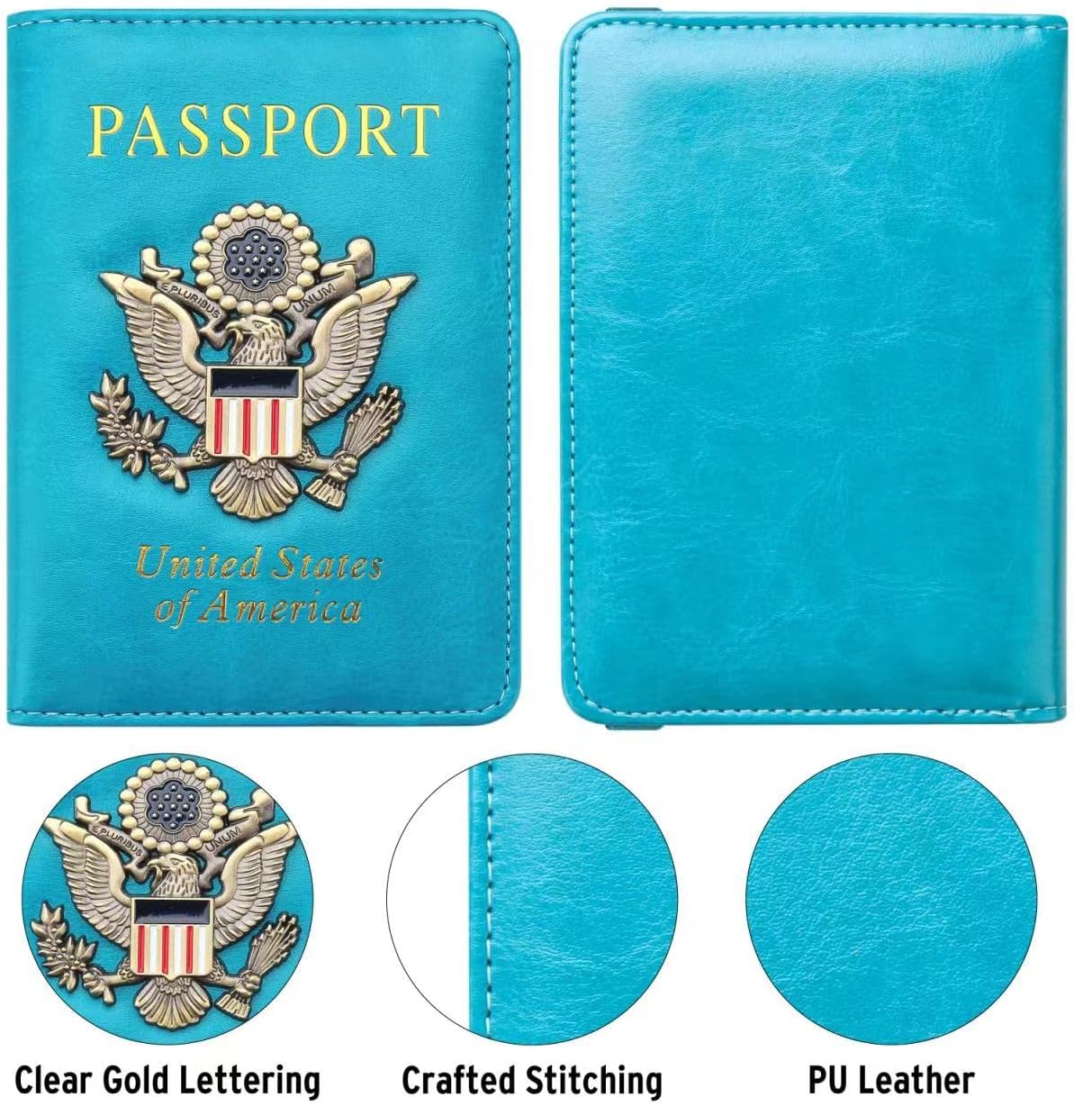 Passport Holder for Travel Men Women, RFID Blocking Passport Cover Leather Passport Wallet With 3D Metal Badge Waterproof Passport Case Travel Wallets Accessories Document Organizer (Sky Blue)