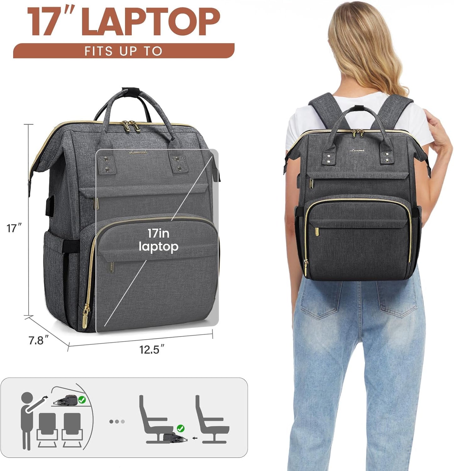 LOVEVOOK Laptop Backpack for Women,17 Inch Professional Womens Travel Backpack Purse Computer Laptop Bag Nurse Teacher Backpack,Waterproof College Work Bags Carry on Back Pack with USB Port,Dark Grey