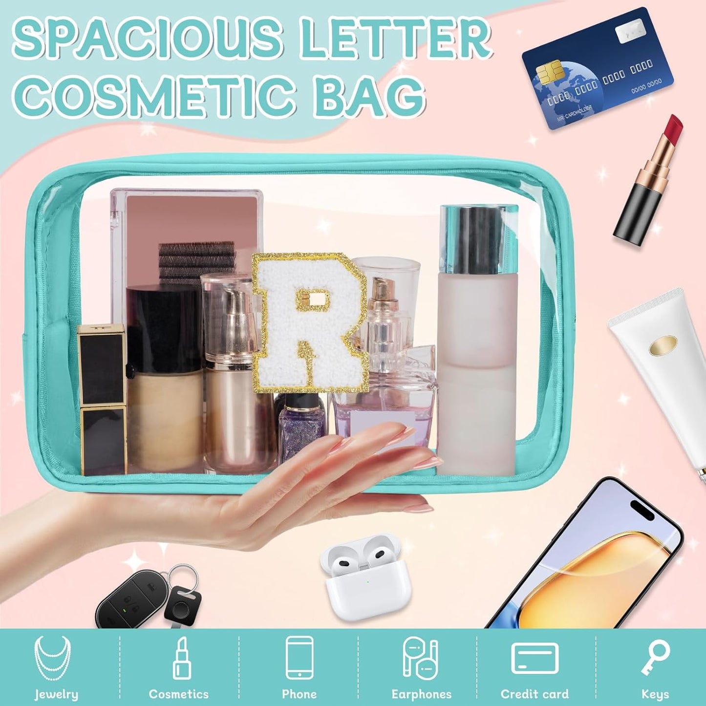 Personalized Initial Clear Makeup Bag, Travel Chenille Patch Cosmetic Bag, Preppy Toiletry Bag Monogram Cosmetic Pouch with Zipper, Ideal Gift for Teen Girls Women (Clear-Green, R)