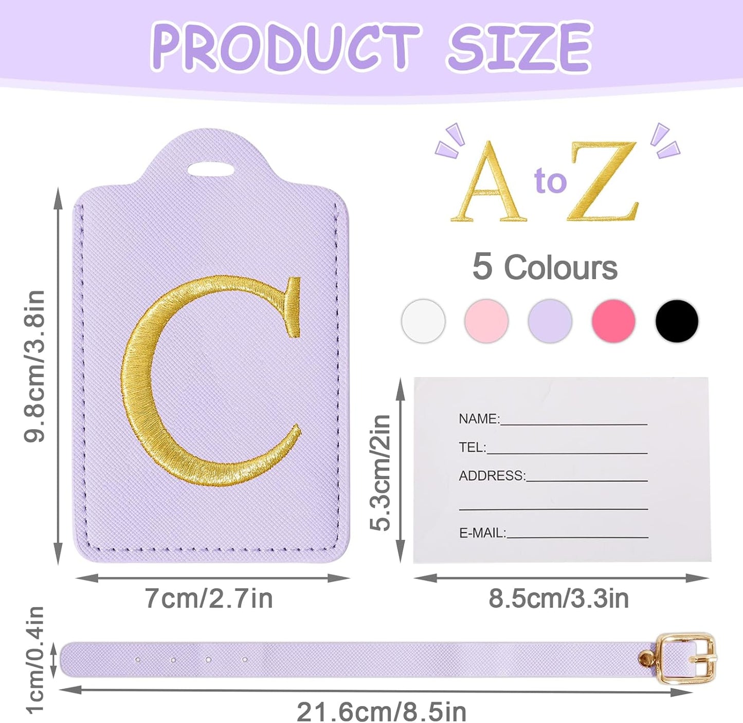 Initial Luggage Tags for Suitcases, Cute Embroidered Letter Luggage Bag Suitcase Identifier Name Baggage Tag, PU Leather Travel Luggage Tags, Bag Tags for Men Women Kids Luggage Handbags(Purple C)