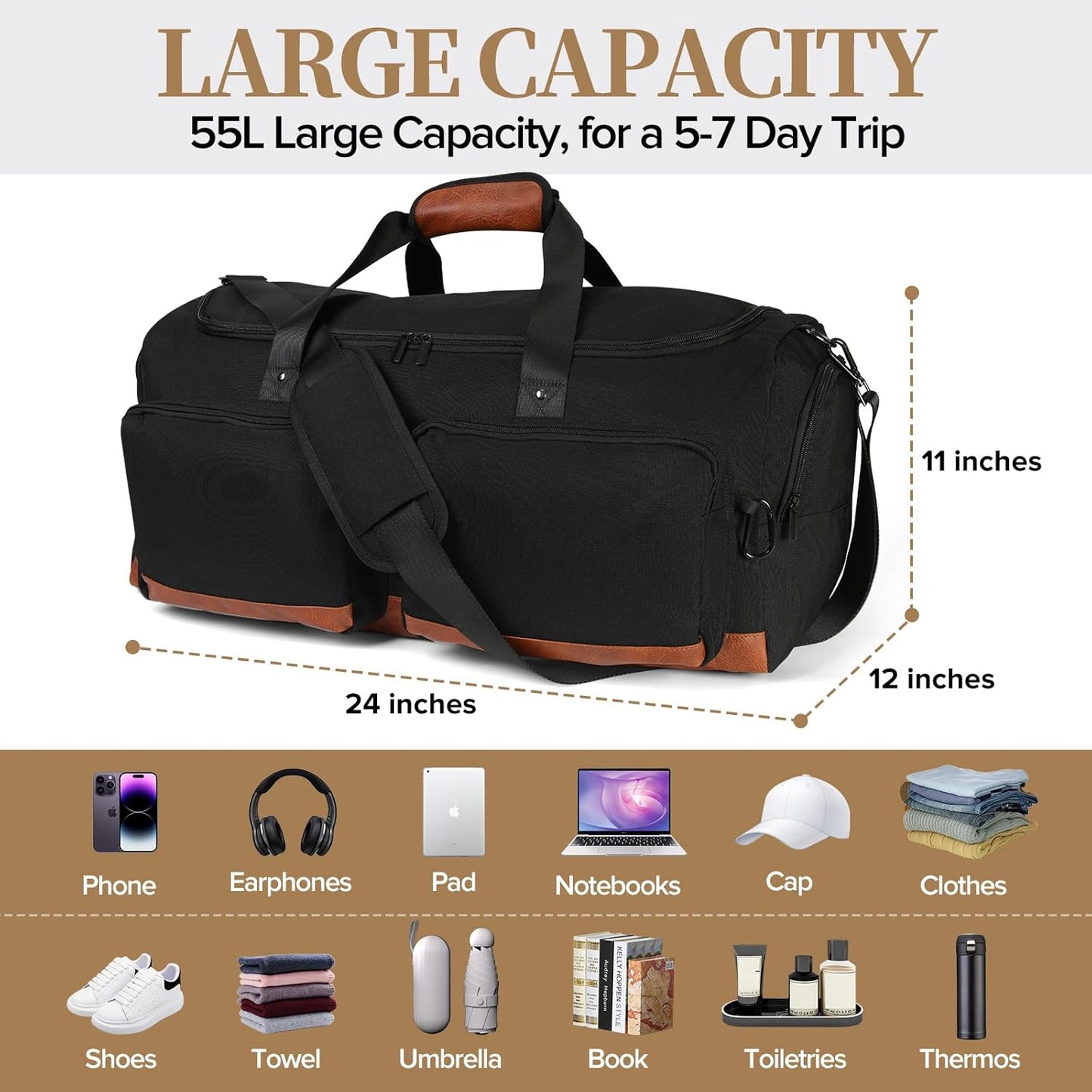 Duffle Bag for Travel, 55L Travel Duffel Bags, Weekender Overnight Carry on Travel Bag for Men & Women on Traveling, Camping, Sporting, Business (Black, 55L)