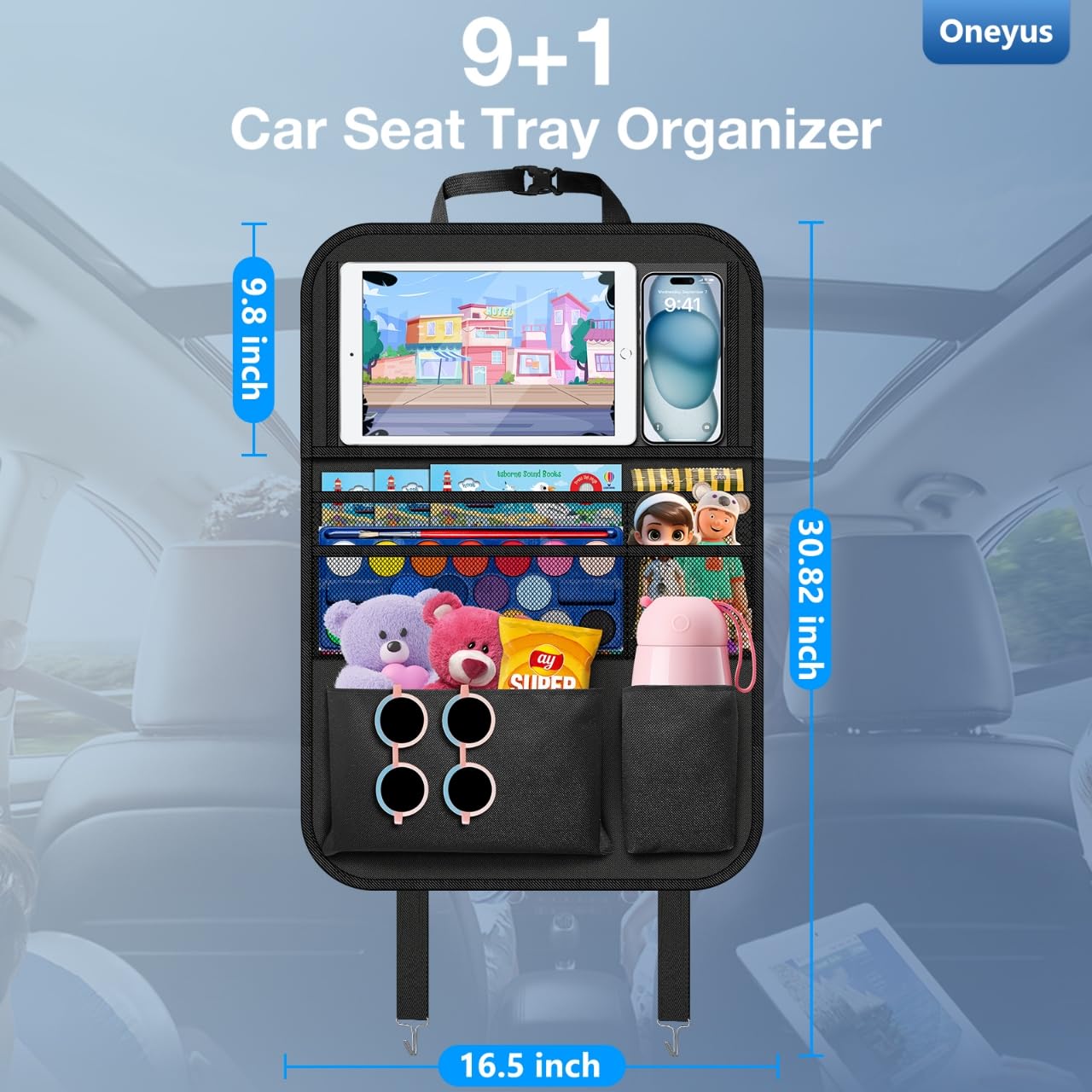Oneyus Car Backseat Organizer with Table Tray(2-Pack) 9 Storage Pockets Backseat Car Organizer and