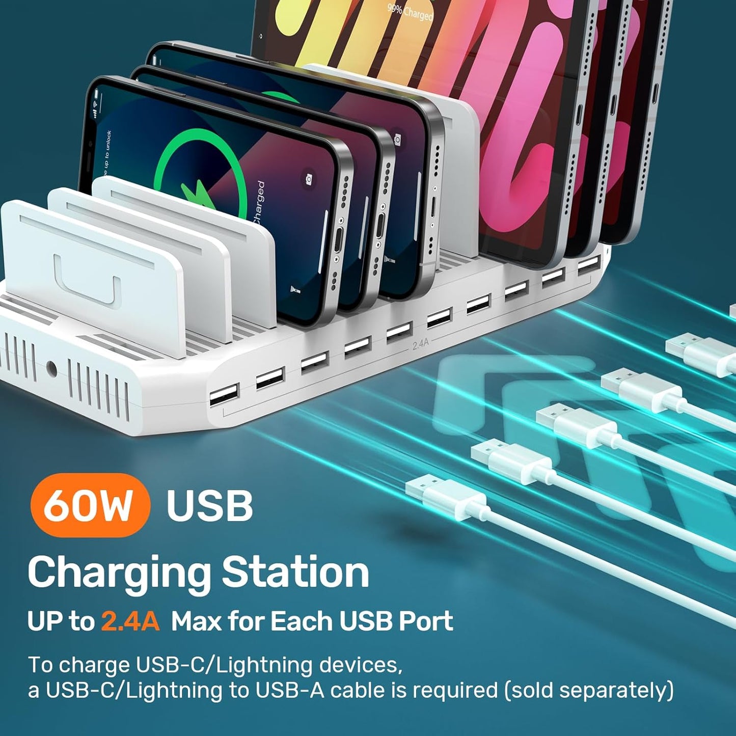 Alxum Multi Charging Station,10 Ports USB Charging Station for Multiple Devices,60W 10 Ports Charging Dock,Compatible with iPad, iPhone, Tablet and Cell Phone