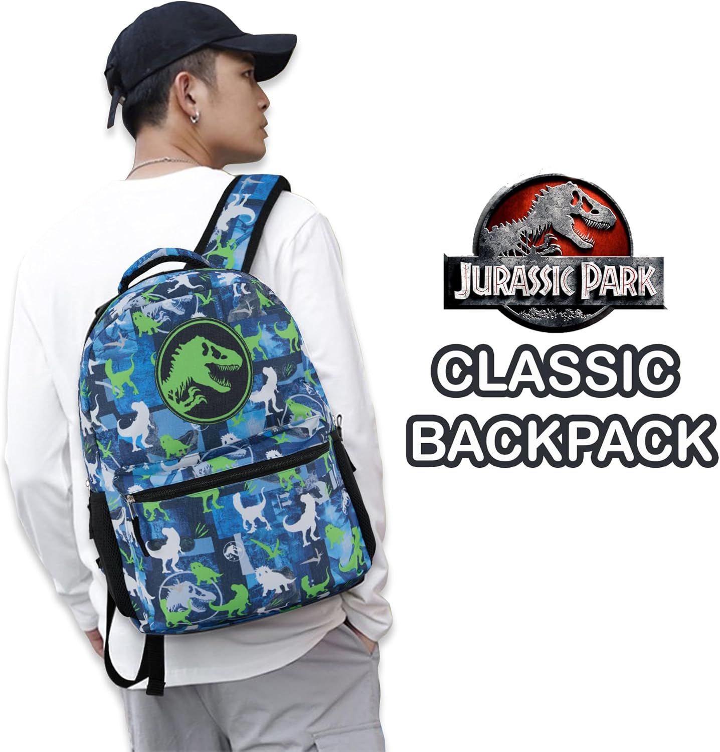 Jurassic World Nylon Allover Print Backpack - Adventure Awaits with Tyrannosaurus Rex, Velociraptor, and Triceratops on this Exciting and Vibrant Adult and Kids School Bag (Blue)