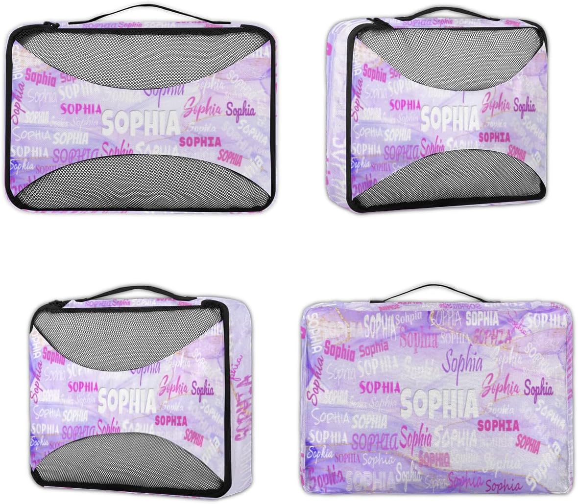 Custom Name 4 Pcs set travel luggage organizer Mesh Travel Essentials for Suitcases, Light Purple Marble Texture