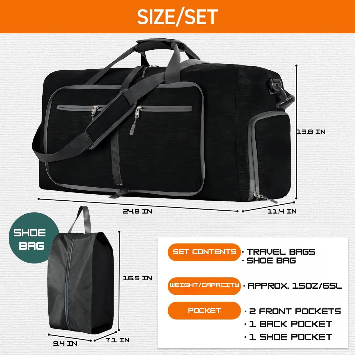 Travel Bag Gym Bag Folding Boston Bag Duffel Bag Carry On Large Capacity 65L Waterproof With Shoe Bag No Logo (Blue, 24.8inch×11.4inch×13.8inch)